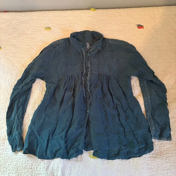 johnny was blue button down blouse long sleeve embroidered small - Picture 1 of 5